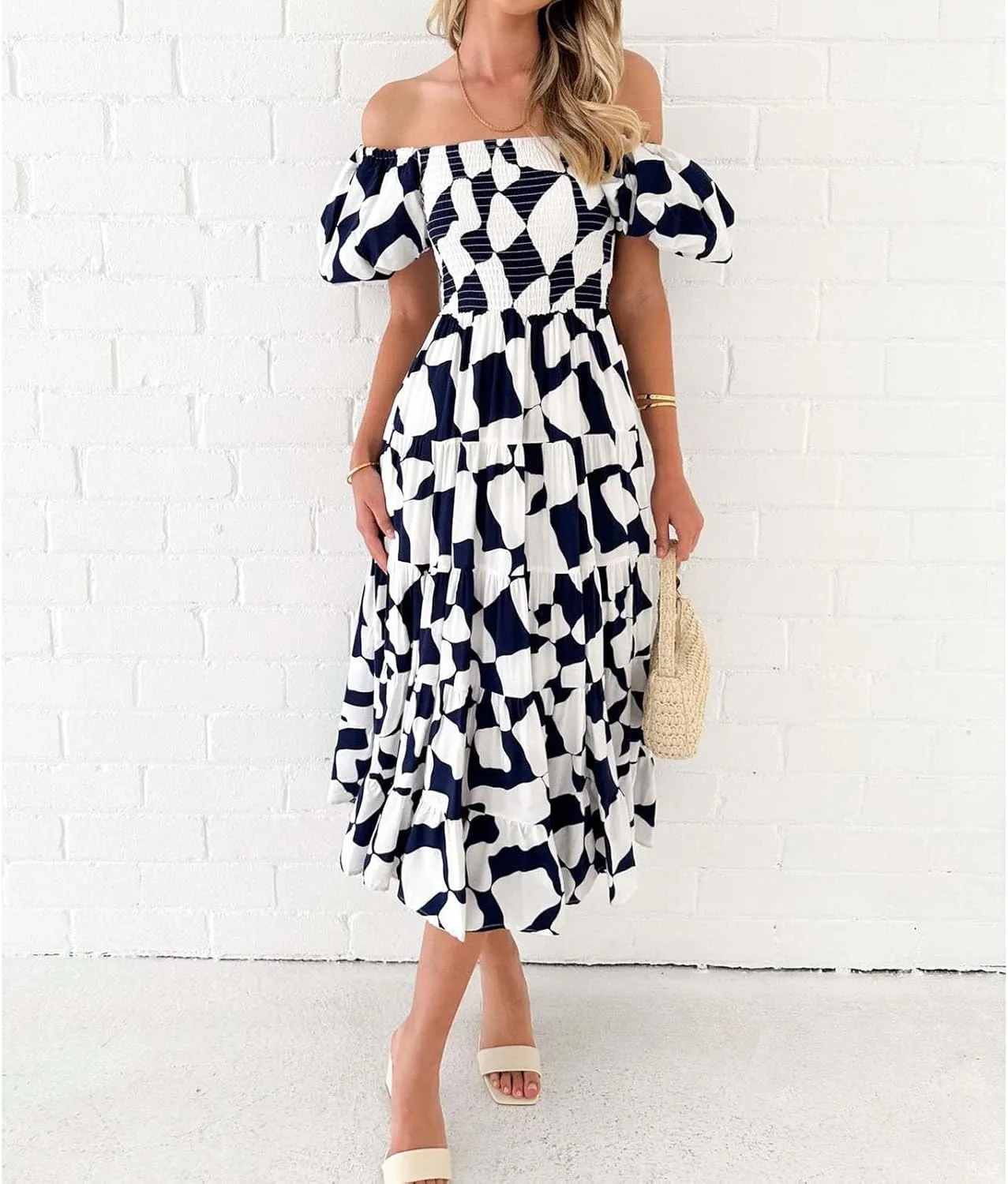 Womens Boho Floral Dress Long Square Neck Puff Short Sleeve Dress Casual Flowy Beach Vacation Sundress