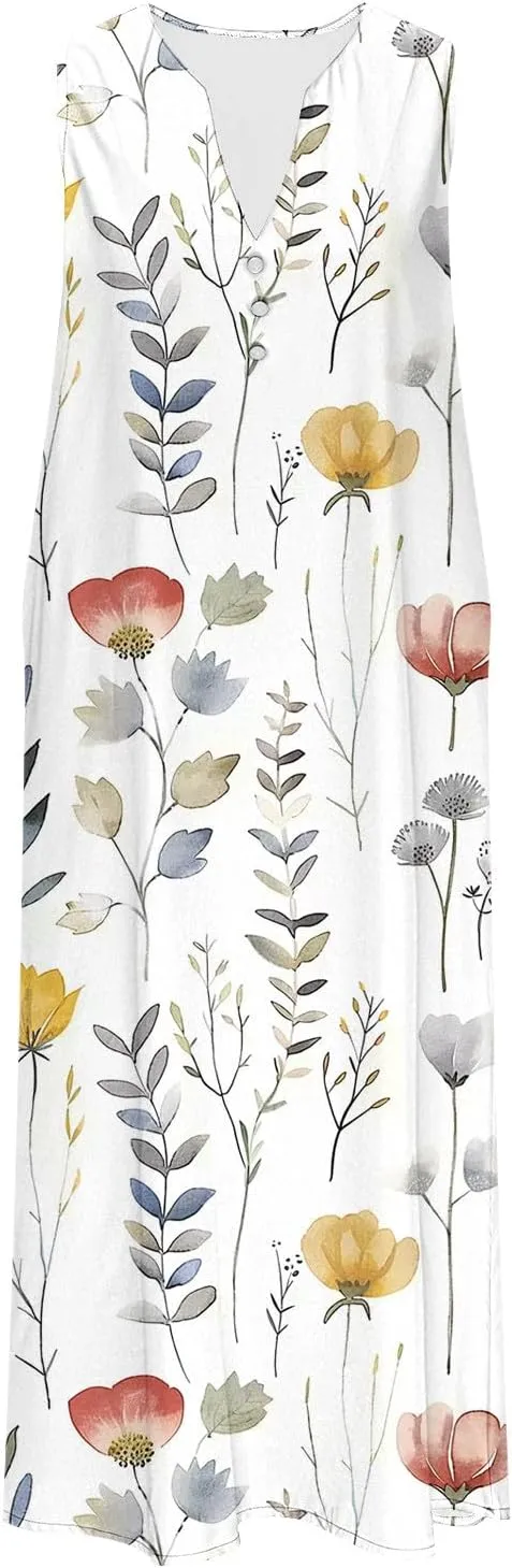 Womens Boho Floral Dresses Summer Casual Vacation Beach Dress V Neck A-Line Sundress Plus Size Long Dress with Pocket