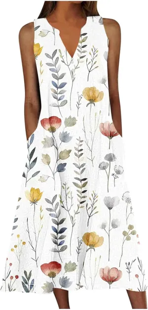 Womens Boho Floral Dresses Summer Casual Vacation Beach Dress V Neck A-Line Sundress Plus Size Long Dress with Pocket