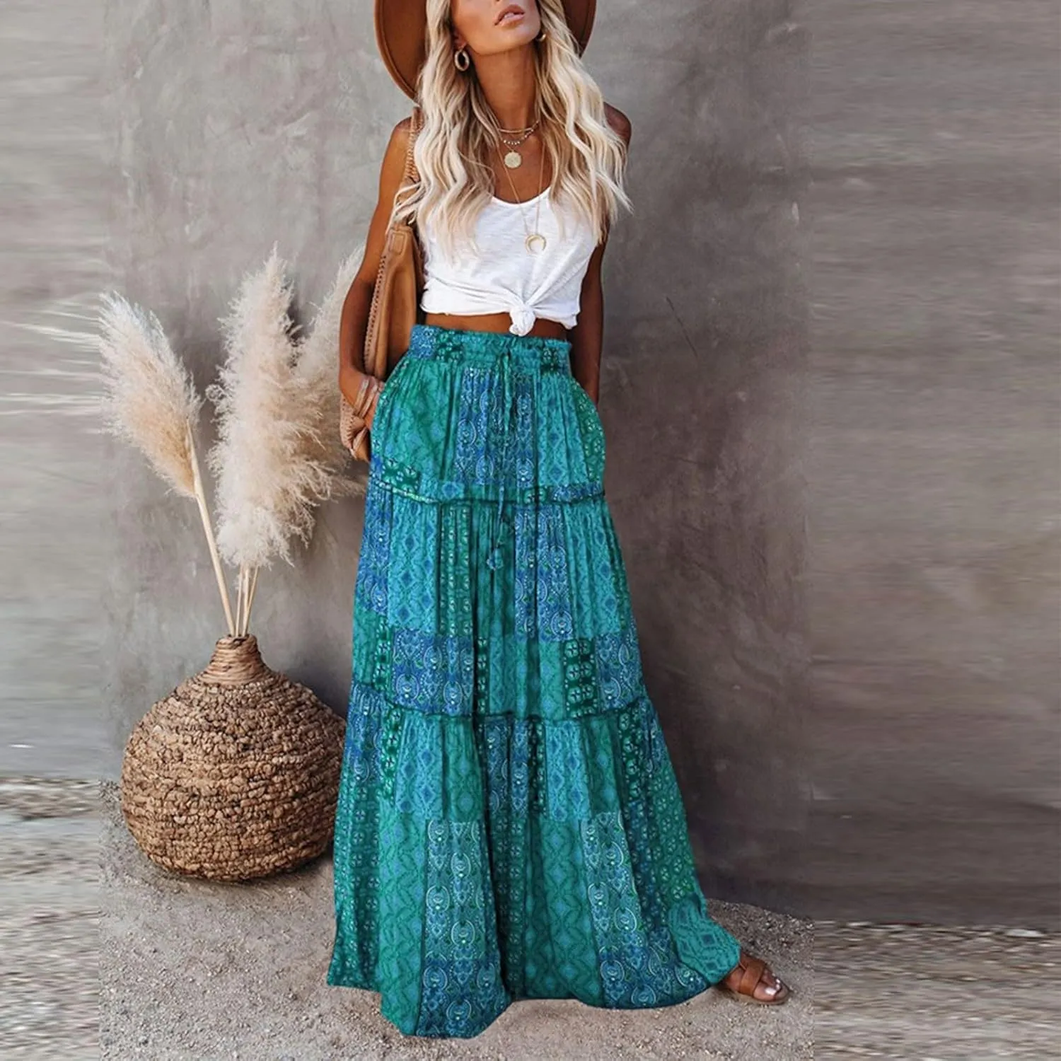 Womens Boho Maxi Skirt with Pockets Cute Summer Flowy Floral Long Bohemian Skirts Hawaiian Elastic High Waisted Skirt