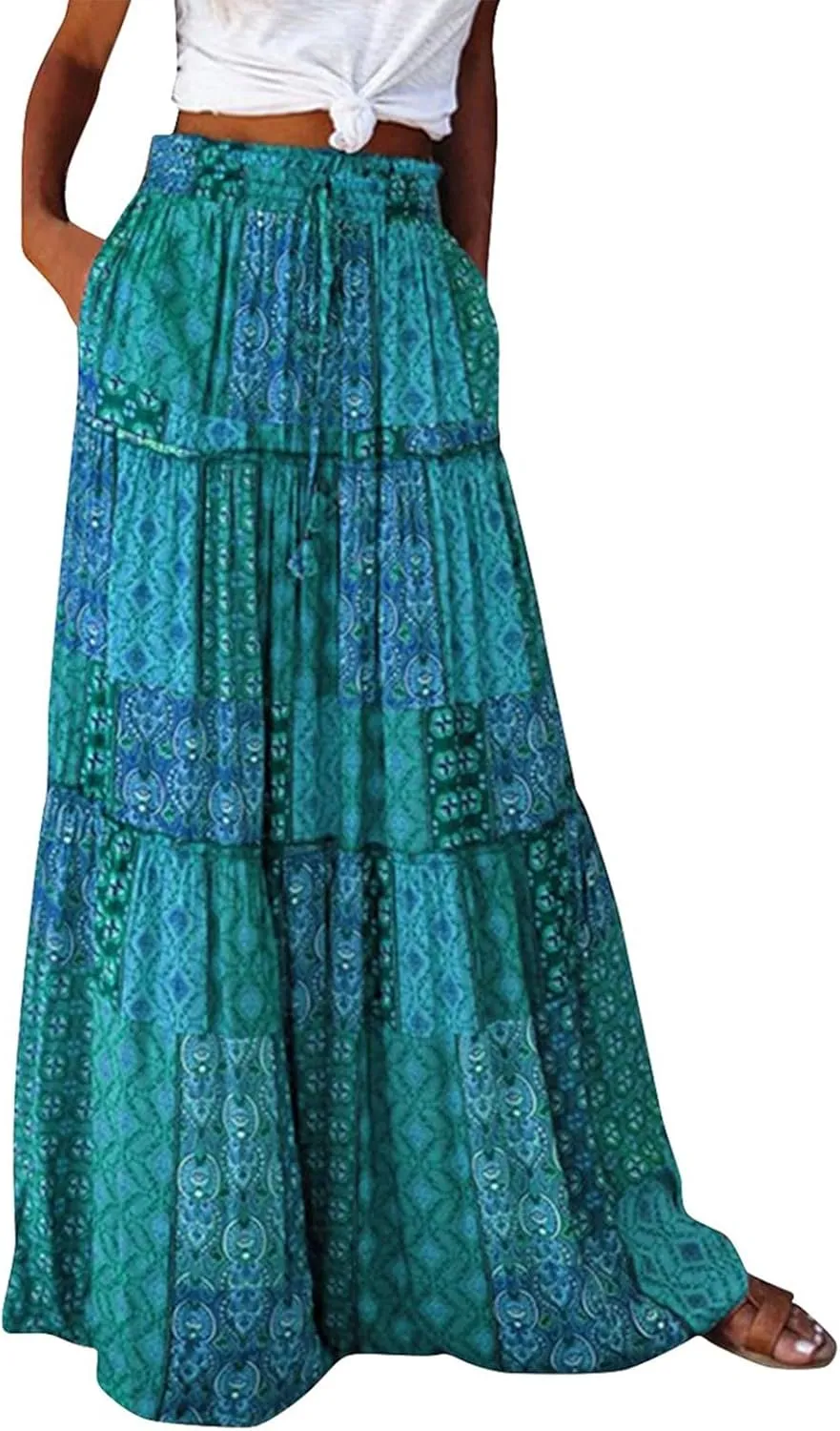 Womens Boho Maxi Skirt with Pockets Cute Summer Flowy Floral Long Bohemian Skirts Hawaiian Elastic High Waisted Skirt