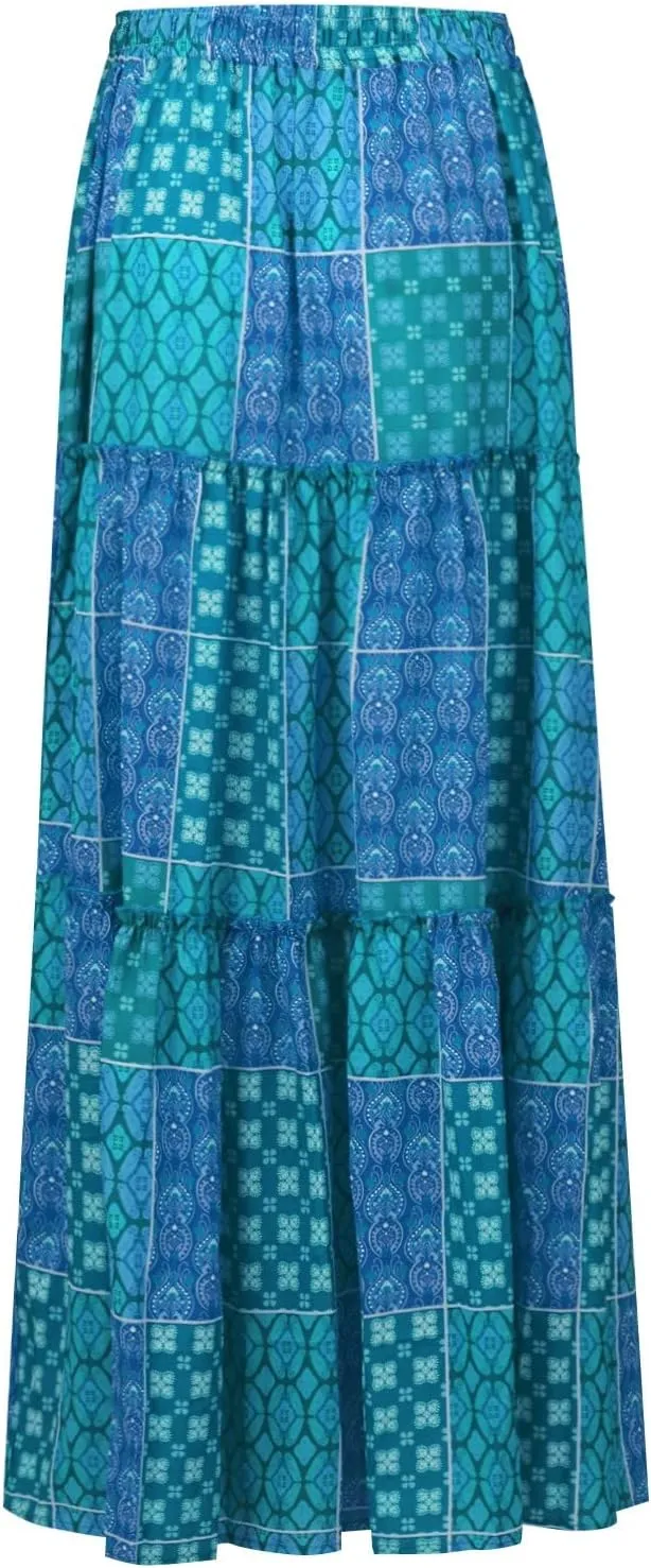 Womens Boho Maxi Skirt with Pockets Cute Summer Flowy Floral Long Bohemian Skirts Hawaiian Elastic High Waisted Skirt