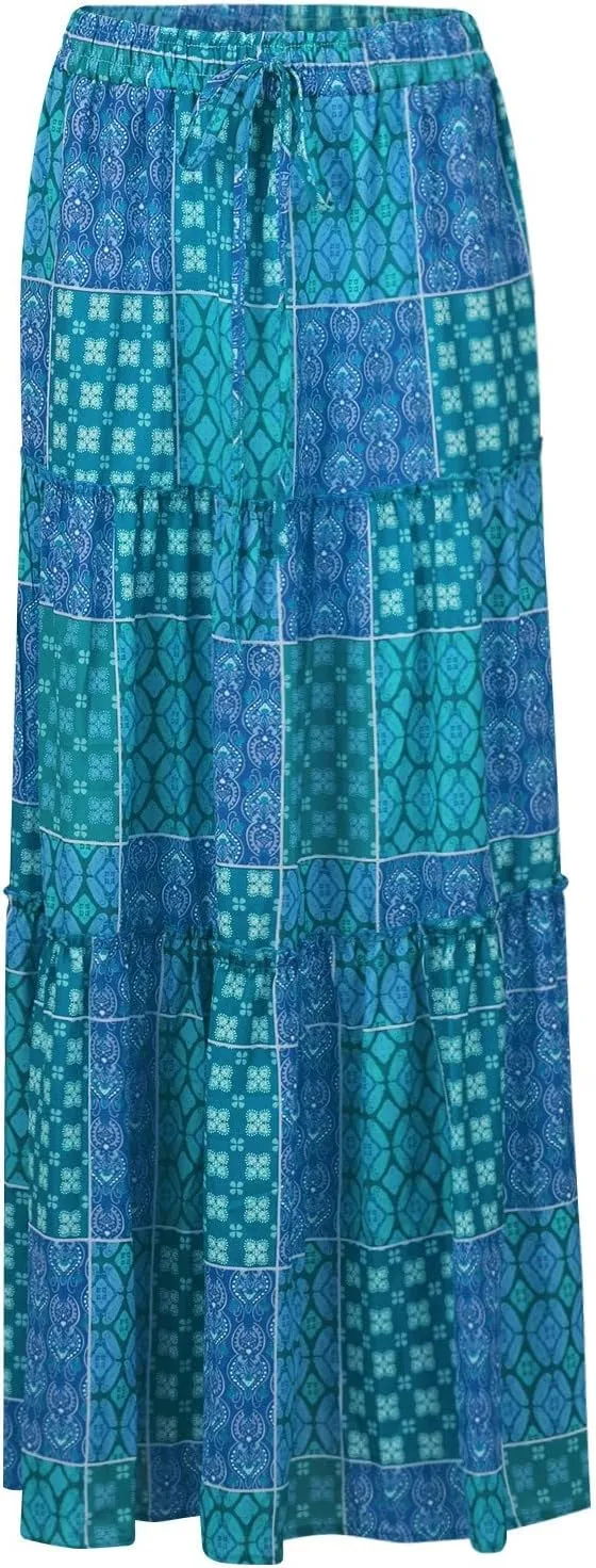 Womens Boho Maxi Skirt with Pockets Cute Summer Flowy Floral Long Bohemian Skirts Hawaiian Elastic High Waisted Skirt