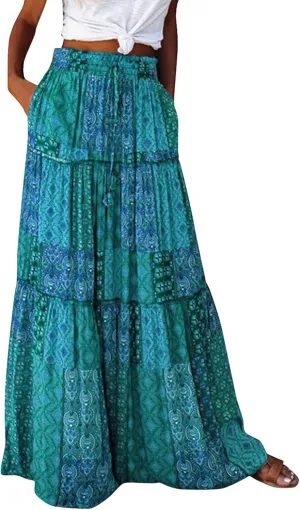 Womens Boho Maxi Skirt with Pockets Cute Summer Flowy Floral Long Bohemian Skirts Hawaiian Elastic High Waisted Skirt