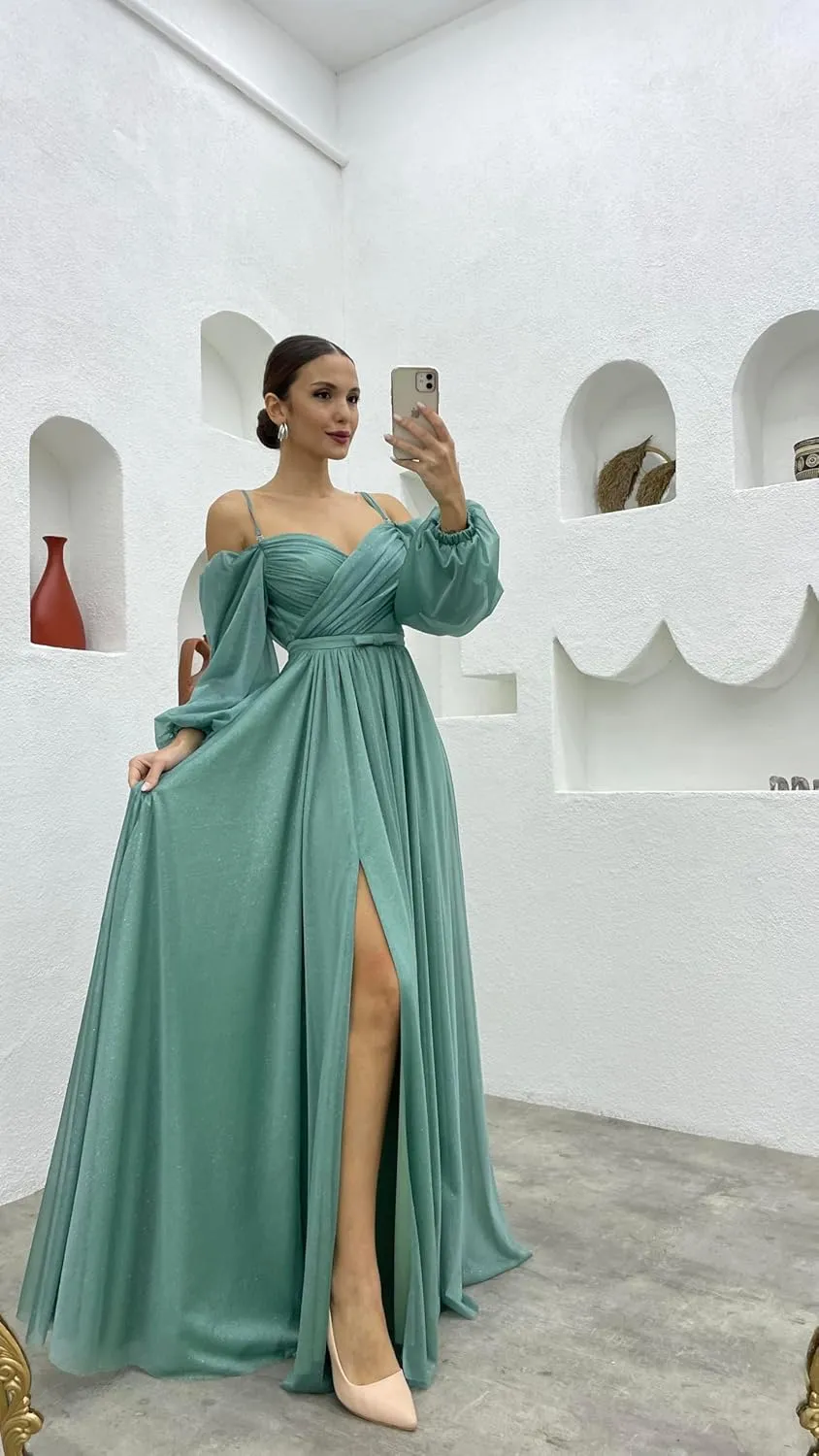 Women's Bridesmaid Dresses with Long Sleeves Spaghetti Strap Split Ruched Wedding Guest Dress with Pockets