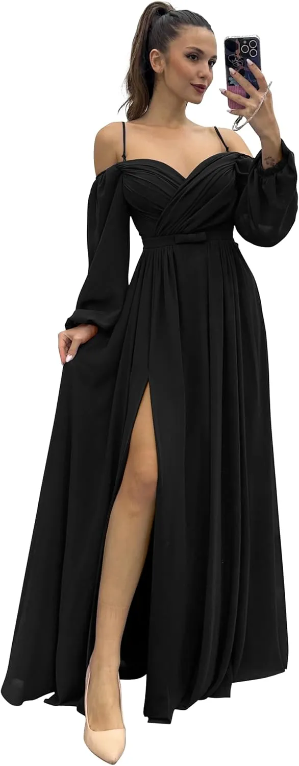 Women's Bridesmaid Dresses with Long Sleeves Spaghetti Strap Split Ruched Wedding Guest Dress with Pockets