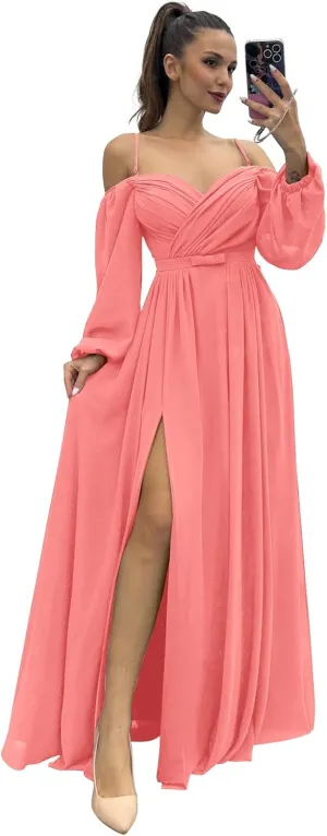 Women's Bridesmaid Dresses with Long Sleeves Spaghetti Strap Split Ruched Wedding Guest Dress with Pockets