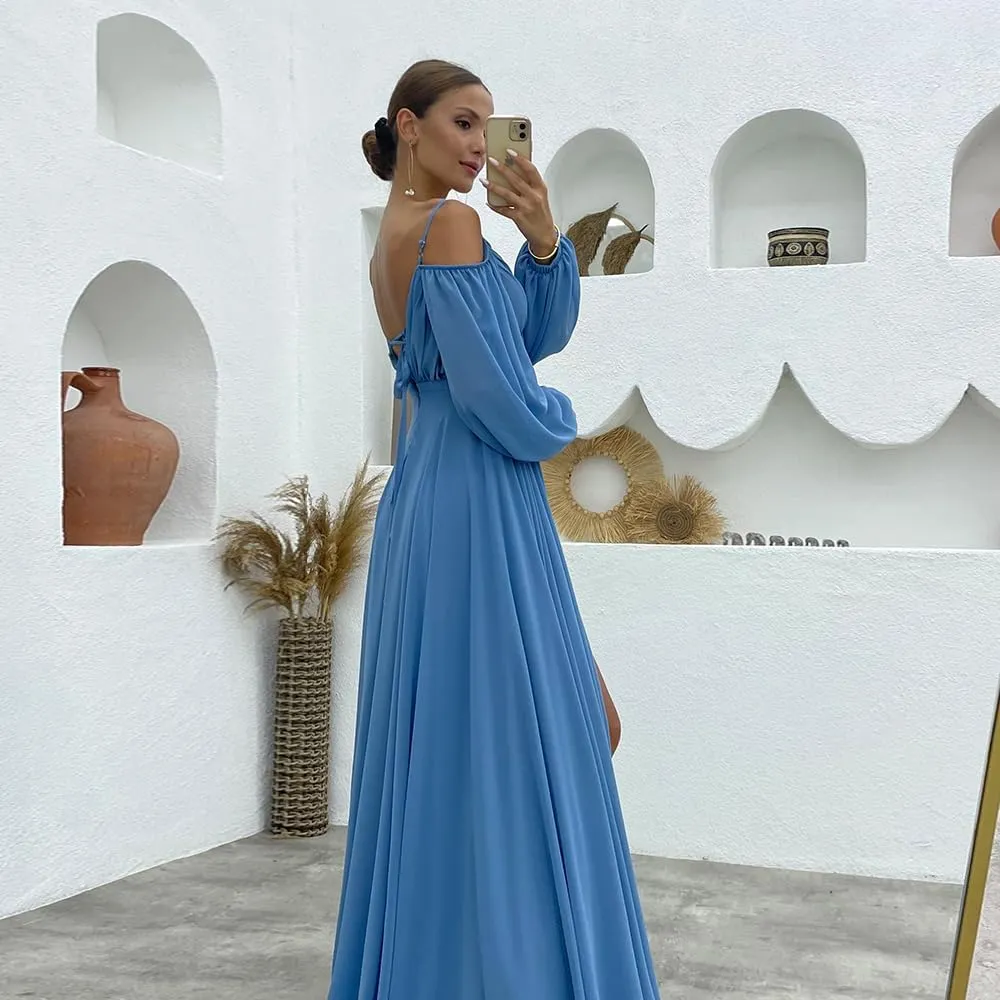 Women's Bridesmaid Dresses with Long Sleeves Spaghetti Strap Split Ruched Wedding Guest Dress with Pockets