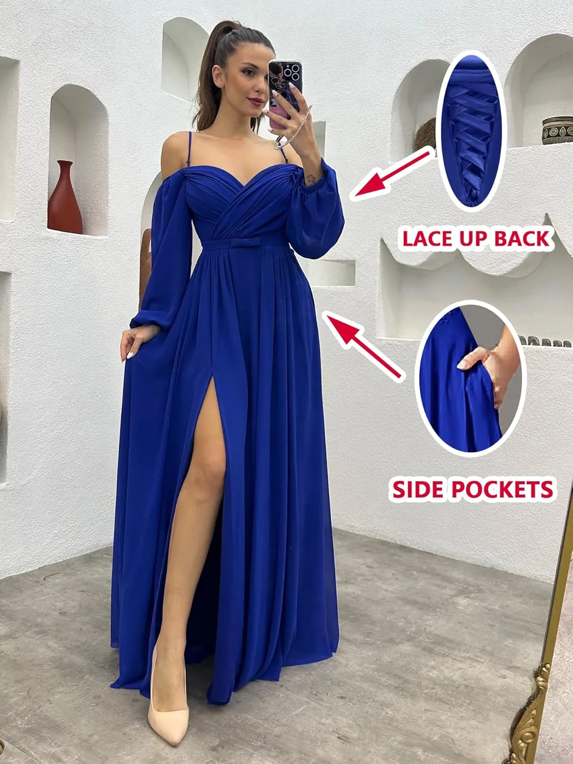Women's Bridesmaid Dresses with Long Sleeves Spaghetti Strap Split Ruched Wedding Guest Dress with Pockets