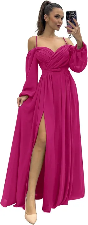 Women's Bridesmaid Dresses with Long Sleeves Spaghetti Strap Split Ruched Wedding Guest Dress with Pockets