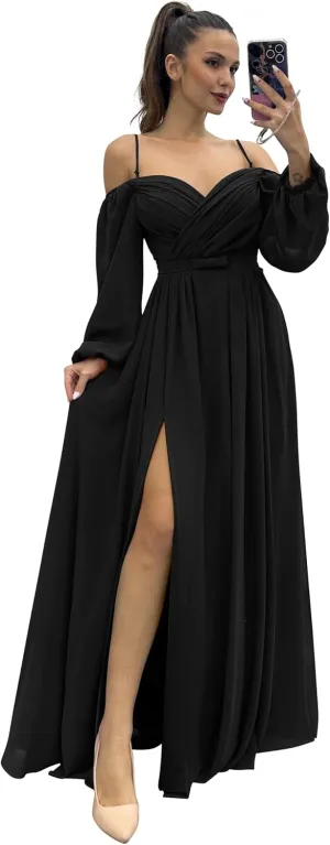 Women's Bridesmaid Dresses with Long Sleeves Spaghetti Strap Split Ruched Wedding Guest Dress with Pockets