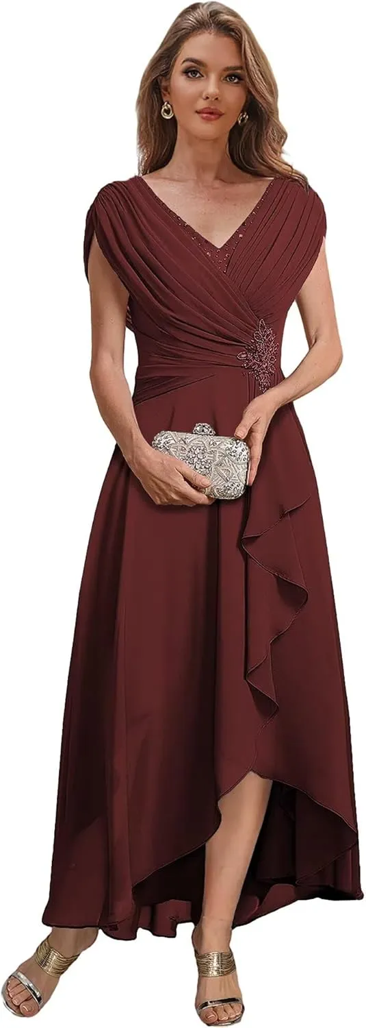 Women's Cap Sleeves Mother of The Bride Dresses for Wedding Tea Length Formal Dress High Low Evening Gown
