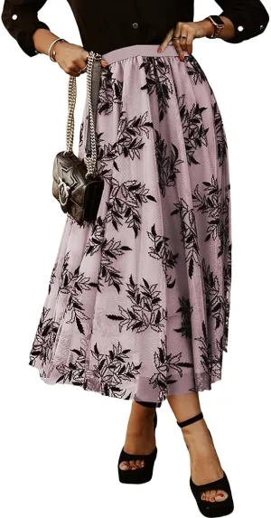 Women's Casual A-Line Tutu Fairy Layered Pleated Mesh Elastic Waist Floral Embroidery Flare Tulle Midi Skirt