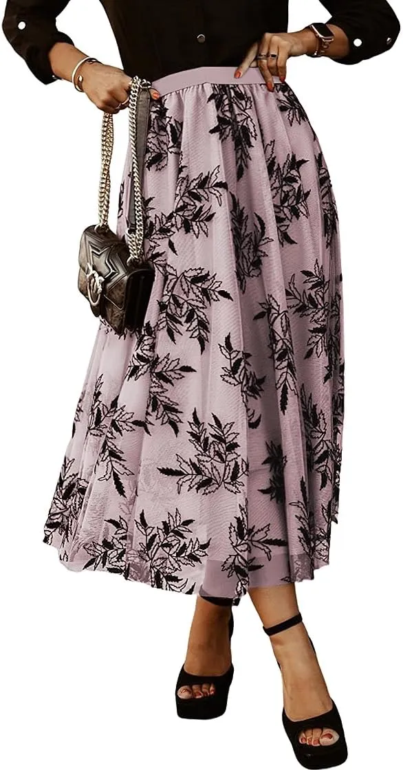 Women's Casual A-Line Tutu Fairy Layered Pleated Mesh Elastic Waist Floral Embroidery Flare Tulle Midi Skirt