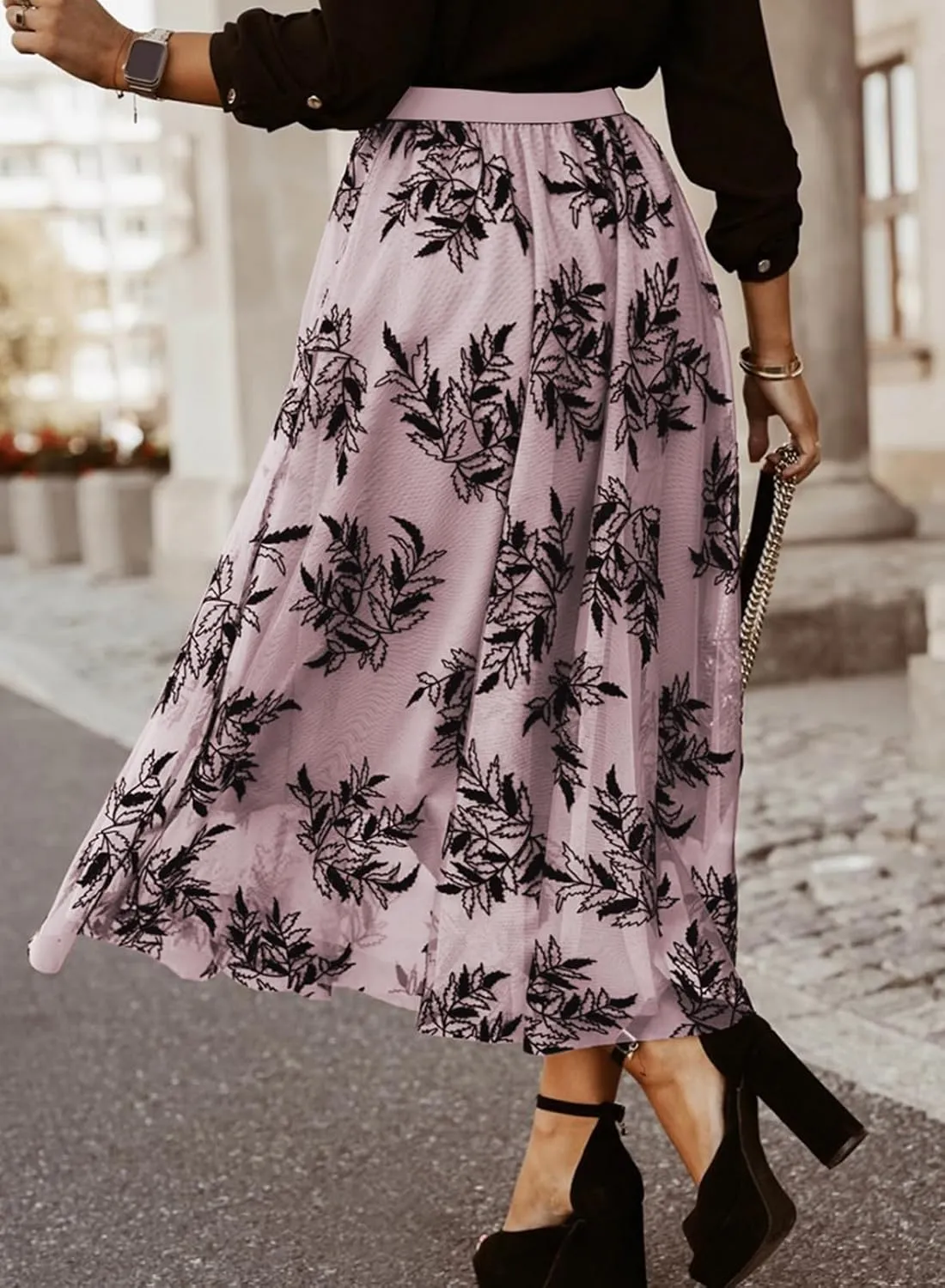 Women's Casual A-Line Tutu Fairy Layered Pleated Mesh Elastic Waist Floral Embroidery Flare Tulle Midi Skirt