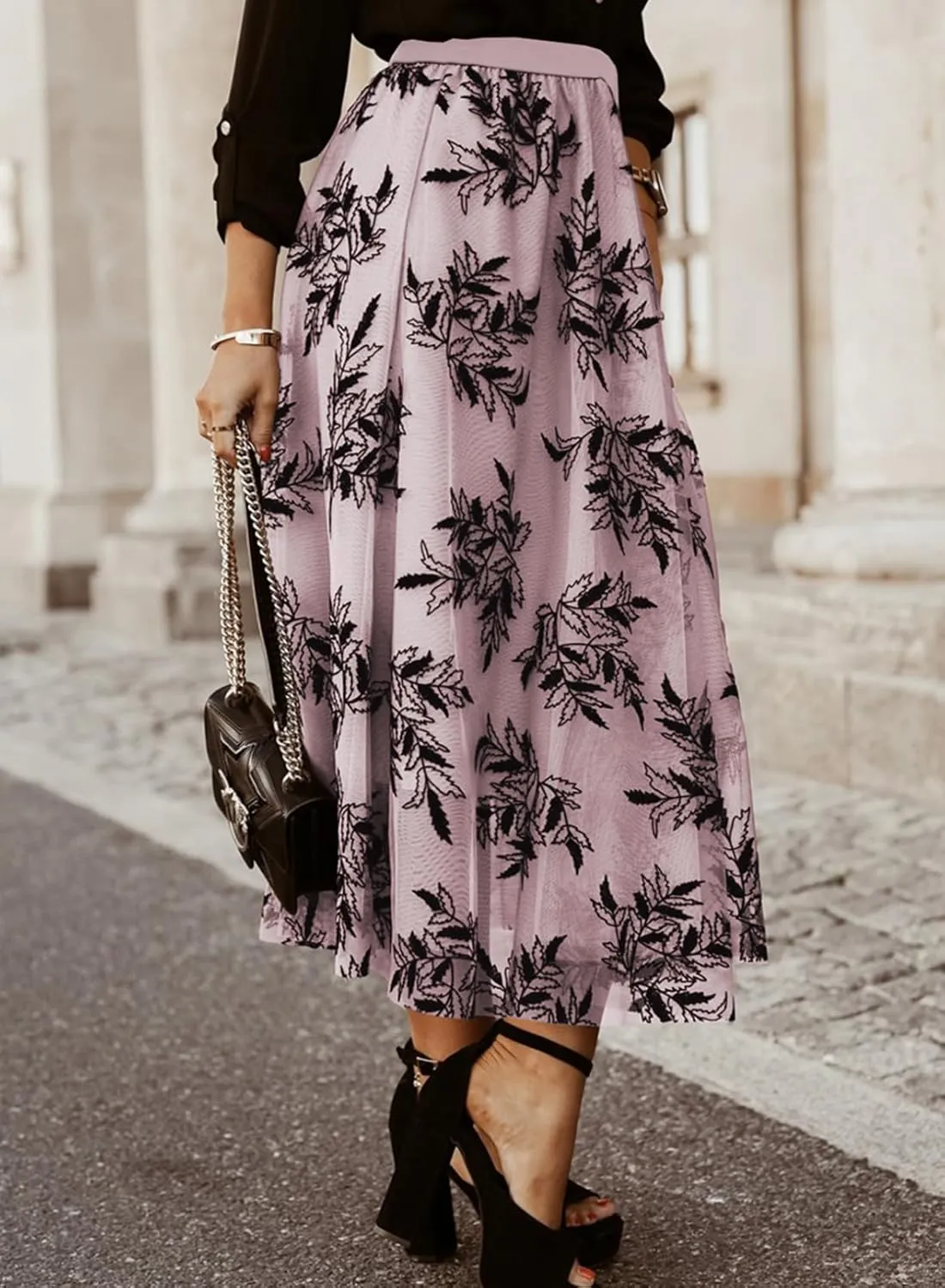 Women's Casual A-Line Tutu Fairy Layered Pleated Mesh Elastic Waist Floral Embroidery Flare Tulle Midi Skirt