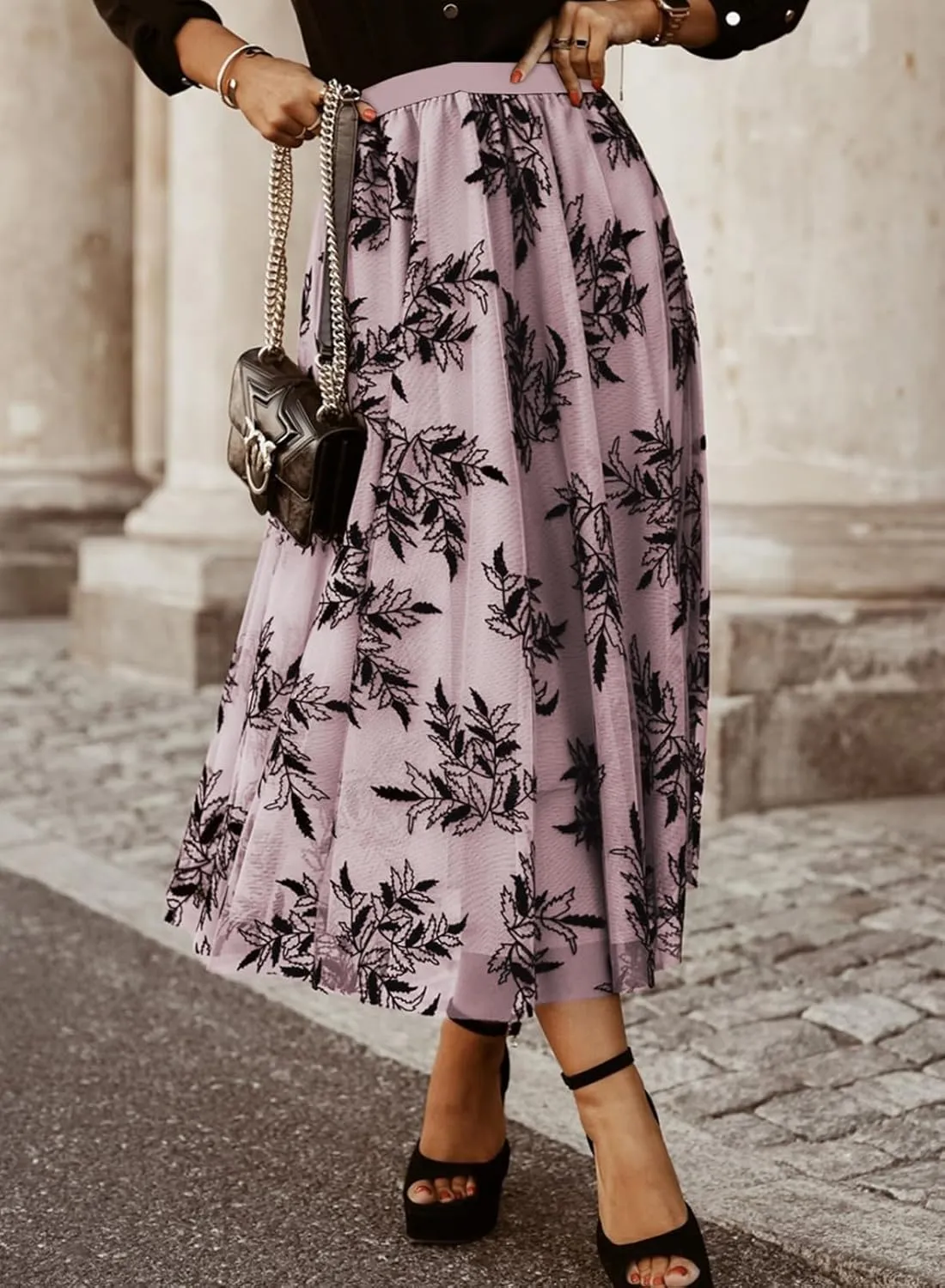 Women's Casual A-Line Tutu Fairy Layered Pleated Mesh Elastic Waist Floral Embroidery Flare Tulle Midi Skirt