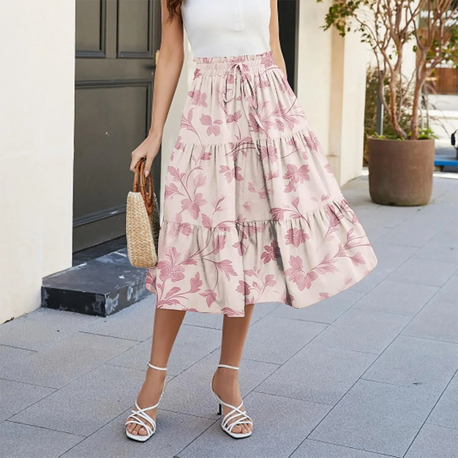 Women's Casual Beach Skirt Floral Elastic High Waist Pleated A-Line Flared Midi Skirts, S-XL