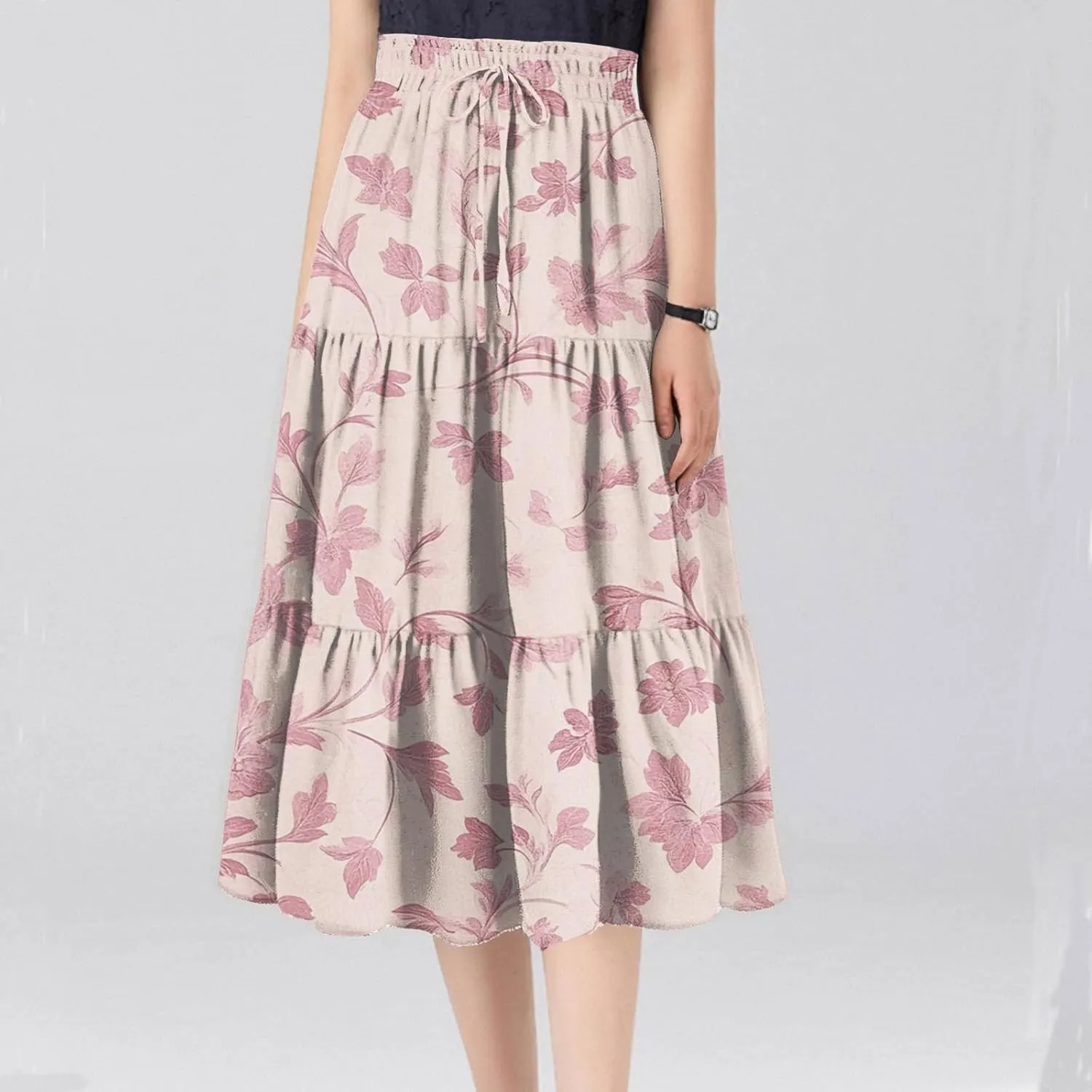 Women's Casual Beach Skirt Floral Elastic High Waist Pleated A-Line Flared Midi Skirts, S-XL