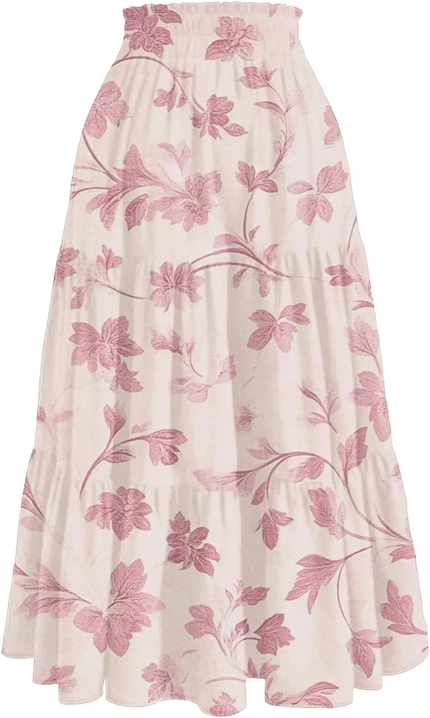 Women's Casual Beach Skirt Floral Elastic High Waist Pleated A-Line Flared Midi Skirts, S-XL
