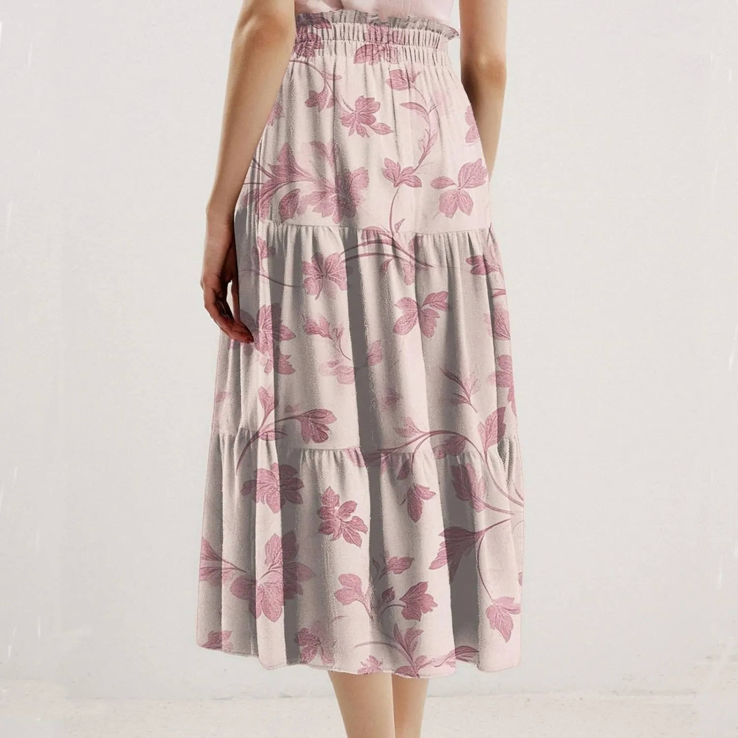 Women's Casual Beach Skirt Floral Elastic High Waist Pleated A-Line Flared Midi Skirts, S-XL
