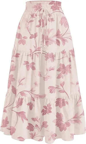 Women's Casual Beach Skirt Floral Elastic High Waist Pleated A-Line Flared Midi Skirts, S-XL
