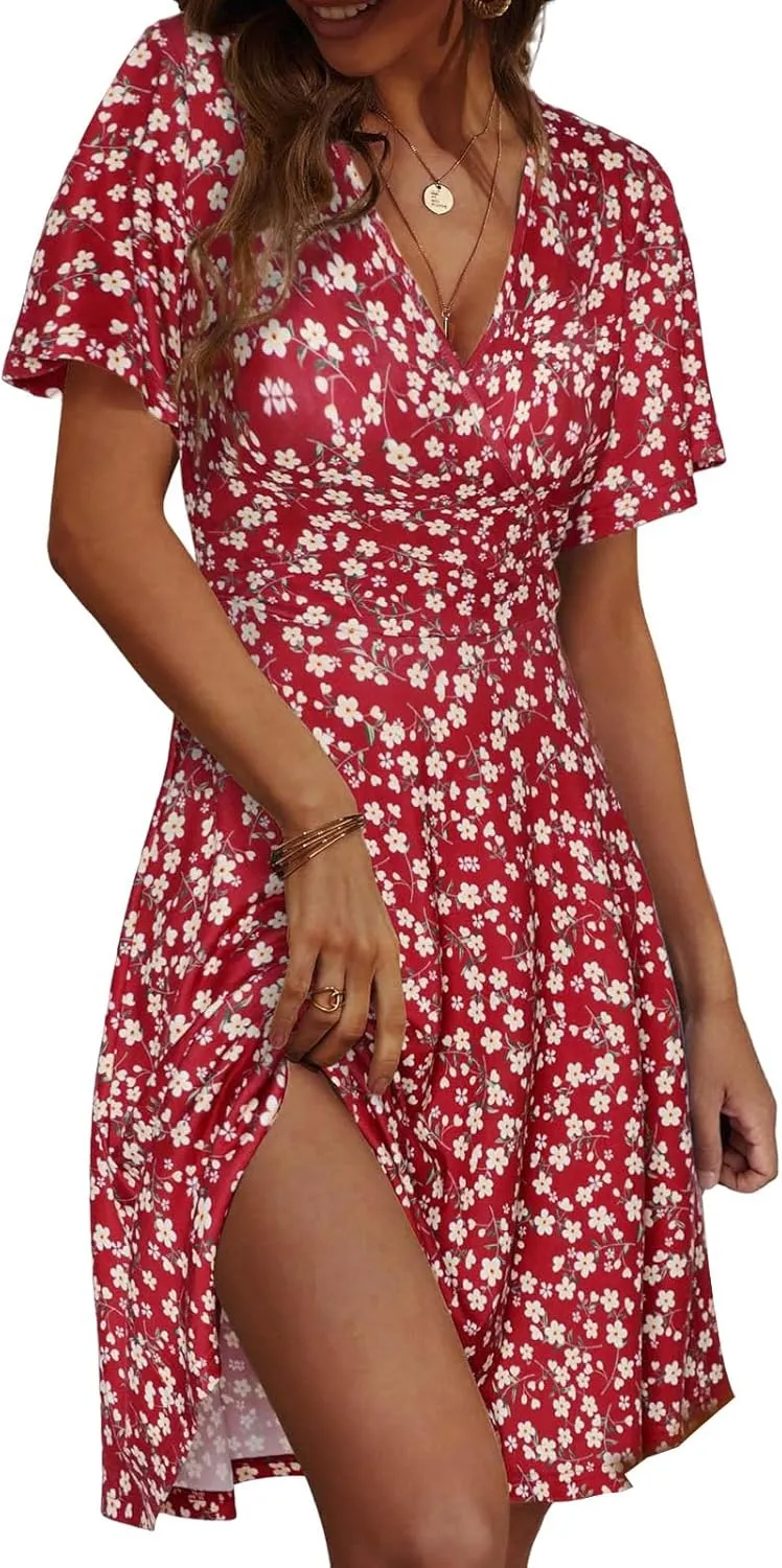 Womens Casual Dress Floral Short Sleeve Wrap V Neck A-Line Midi Dress Summer Flowy Short Vacation Beach Sundress