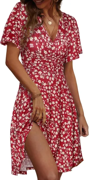 Womens Casual Dress Floral Short Sleeve Wrap V Neck A-Line Midi Dress Summer Flowy Short Vacation Beach Sundress