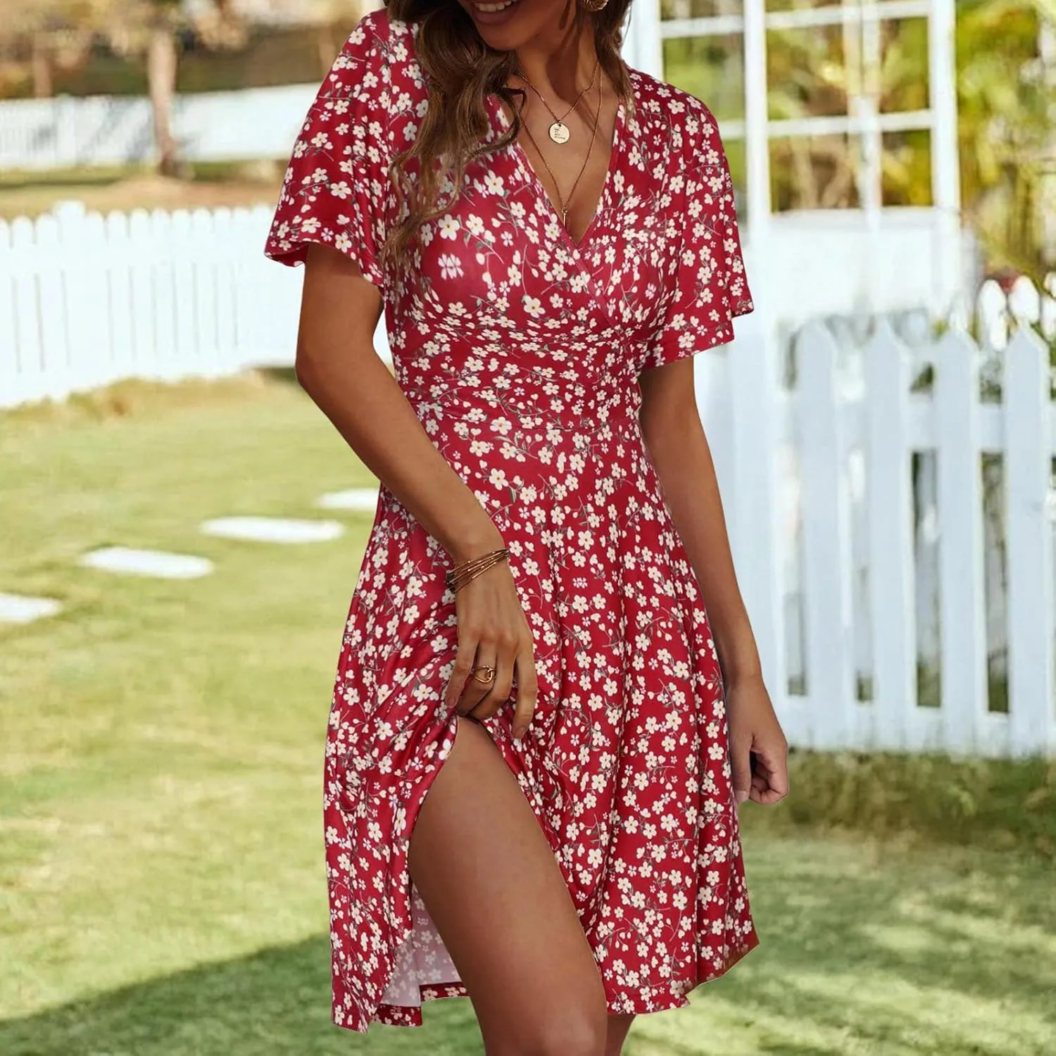 Womens Casual Dress Floral Short Sleeve Wrap V Neck A-Line Midi Dress Summer Flowy Short Vacation Beach Sundress