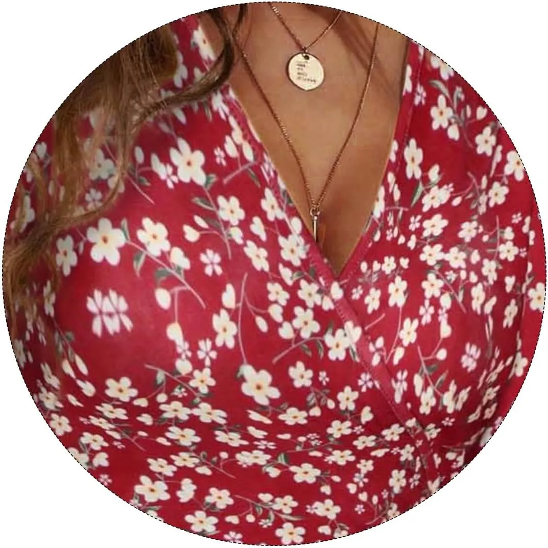 Womens Casual Dress Floral Short Sleeve Wrap V Neck A-Line Midi Dress Summer Flowy Short Vacation Beach Sundress
