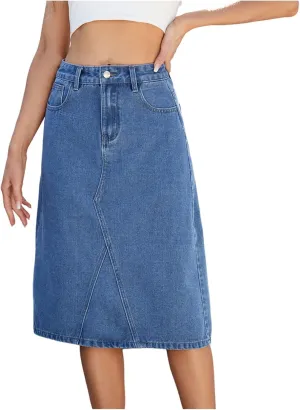 Women's Casual High Waist Denim Skirt Back Split Midi Jean Skirts with Pockets 2025 Y2k Streetwear Fashion Clothing