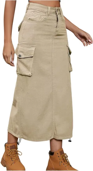 Women's Casual High Waist Maxi Skirt Denim Jean Cargo Skirts with Pockets A-Line Solid Bodycon Dress Skort