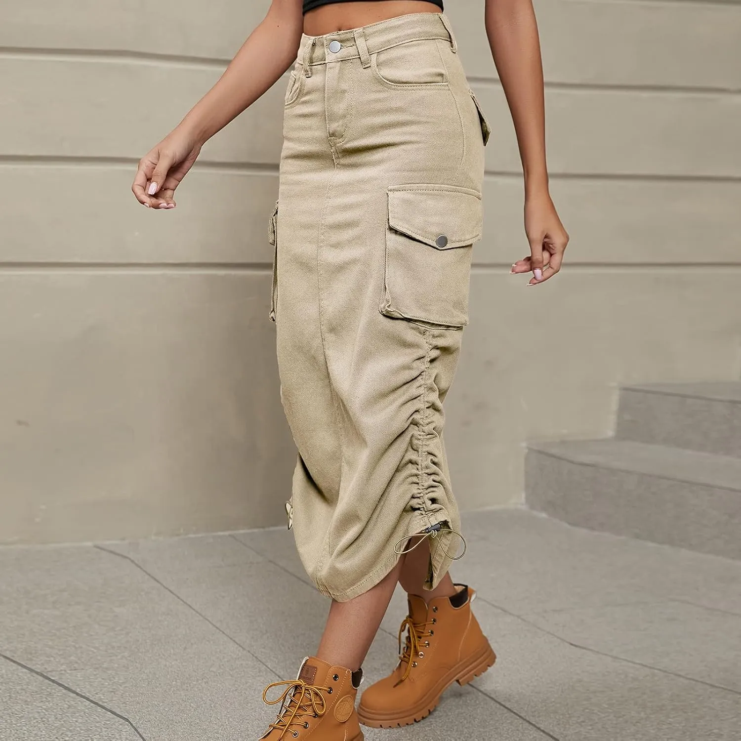 Women's Casual High Waist Maxi Skirt Denim Jean Cargo Skirts with Pockets A-Line Solid Bodycon Dress Skort