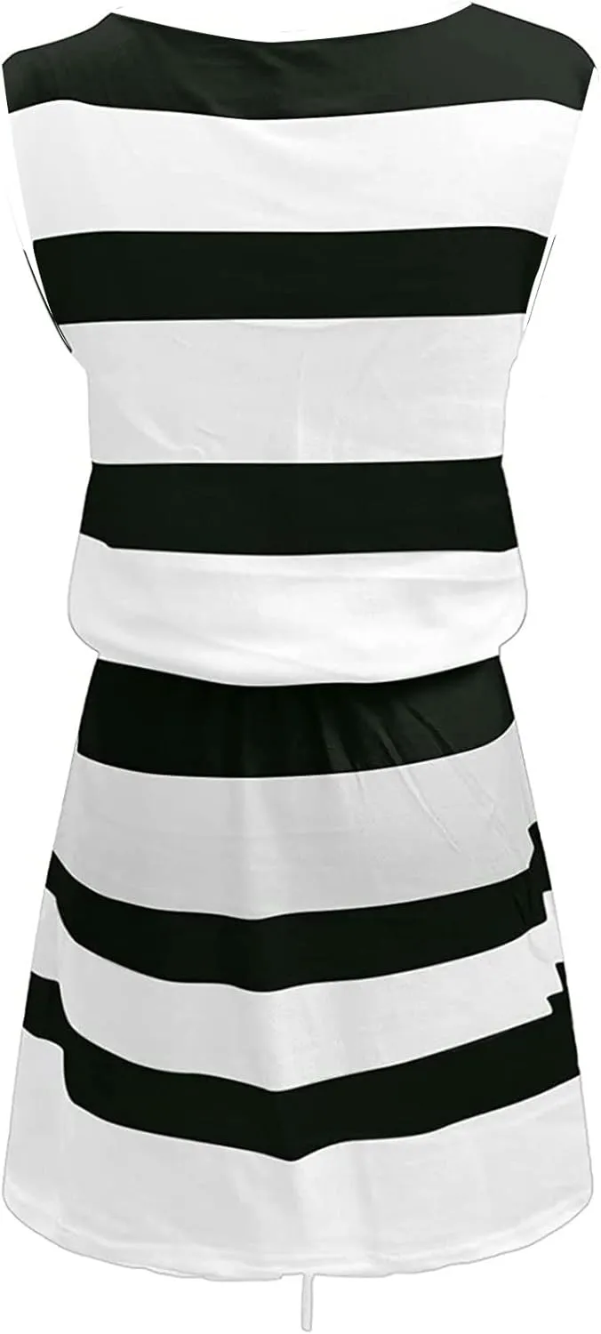 Women's Casual Loose Tank Dresses Sleeveless Bandage Stripe Printing Vest Sling Dress Summer Beach Dress