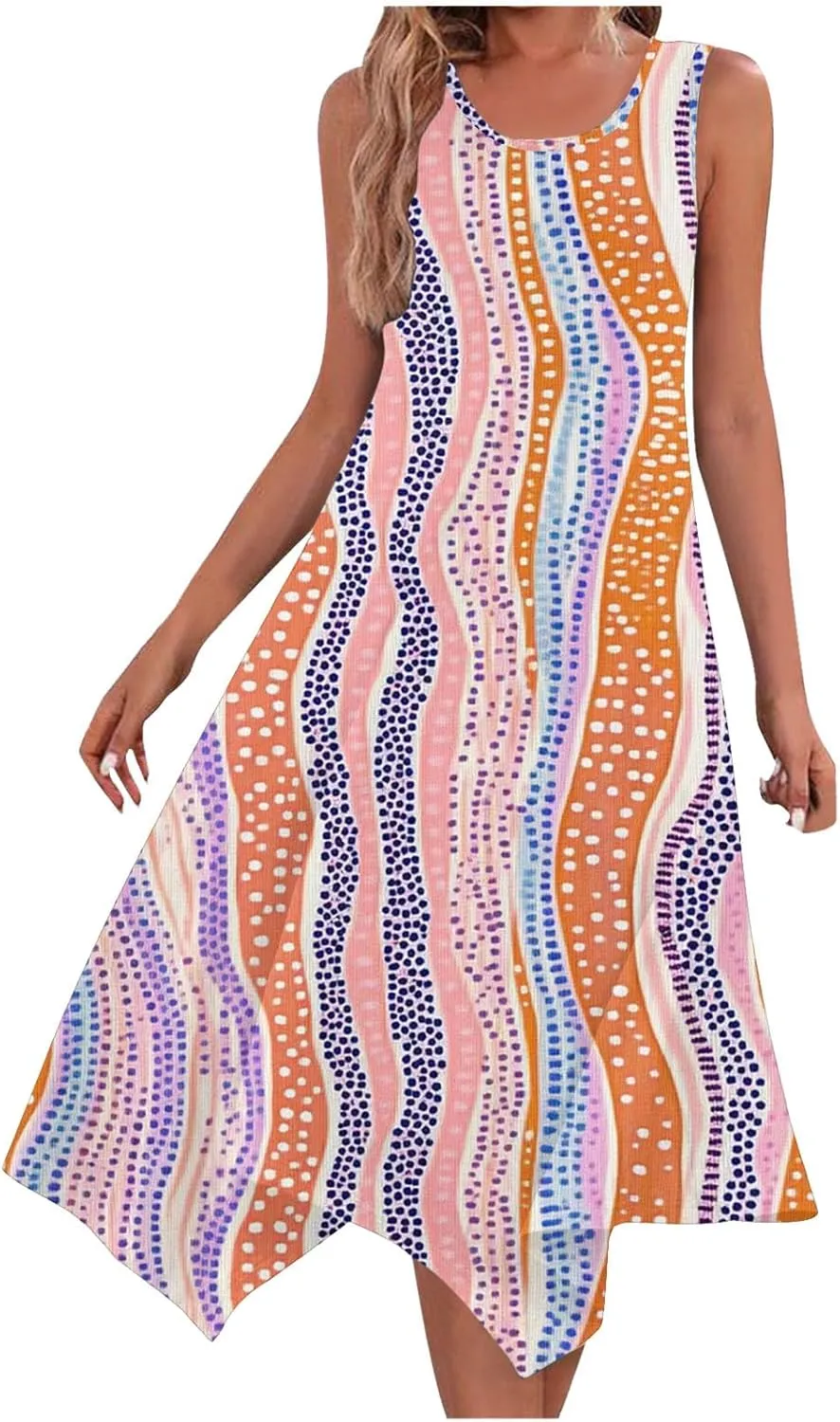 Women's Casual Summer Dress Floral Print Sleeveless Beach Sundress Hankerchief Hem Midi Tank Dresses with Pockets