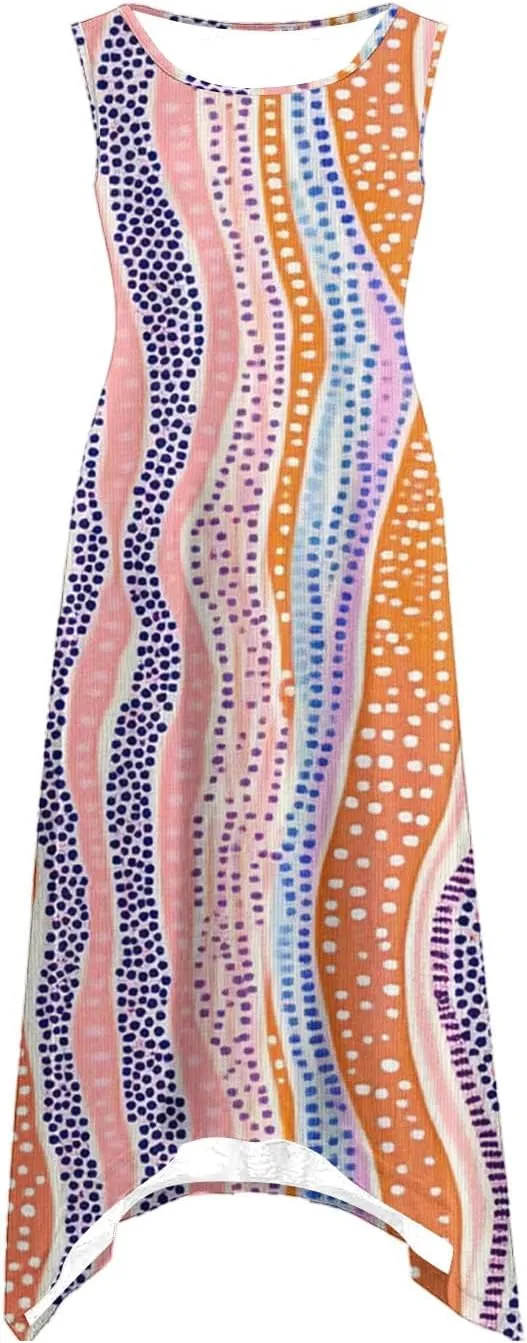 Women's Casual Summer Dress Floral Print Sleeveless Beach Sundress Hankerchief Hem Midi Tank Dresses with Pockets