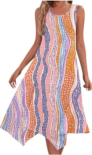 Women's Casual Summer Dress Floral Print Sleeveless Beach Sundress Hankerchief Hem Midi Tank Dresses with Pockets