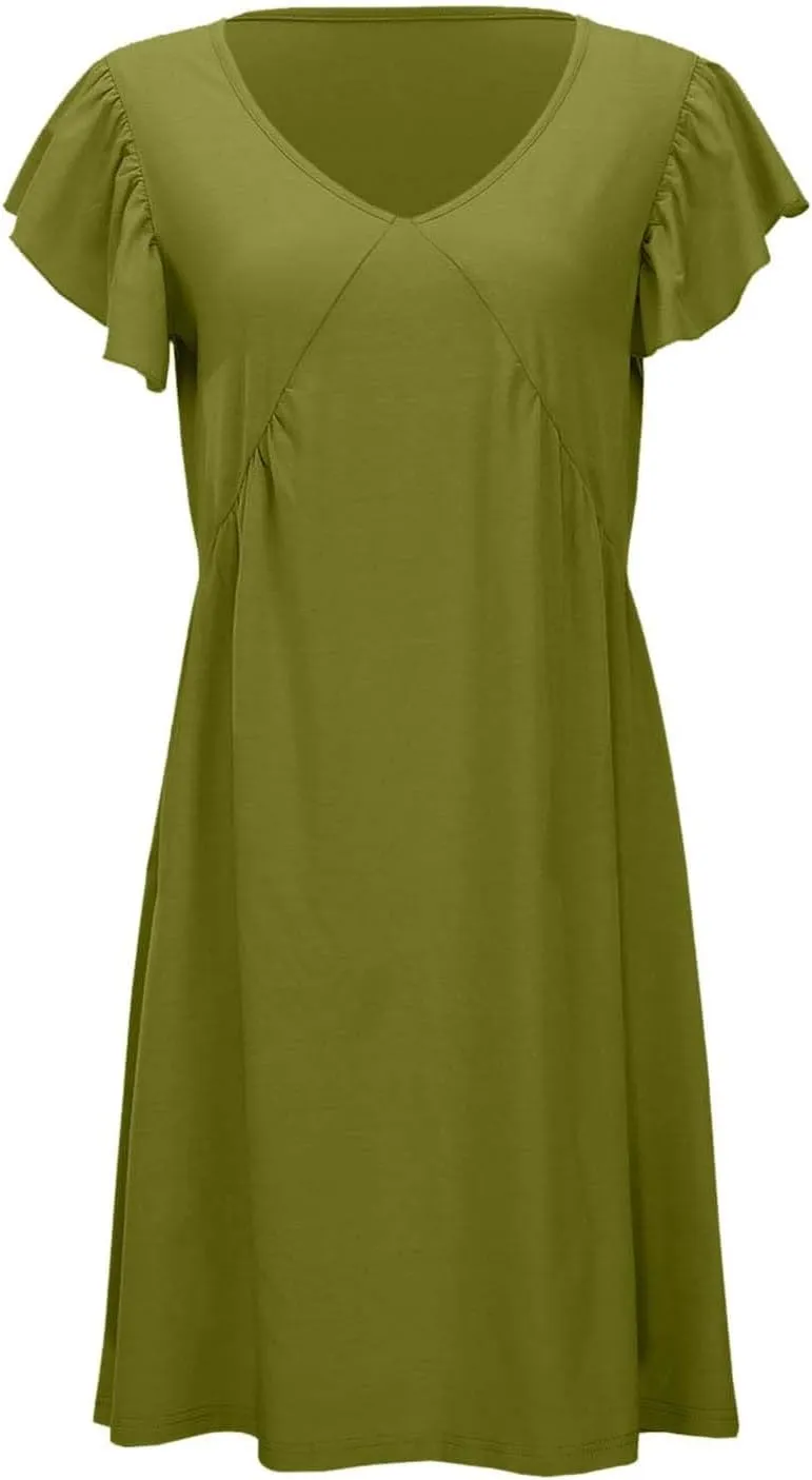 Women's Casual Summer Dresses 2025 Beach Deep V Neck Solid Color Dresses Loose Sundress Ruffle Sleeve Mini Dress