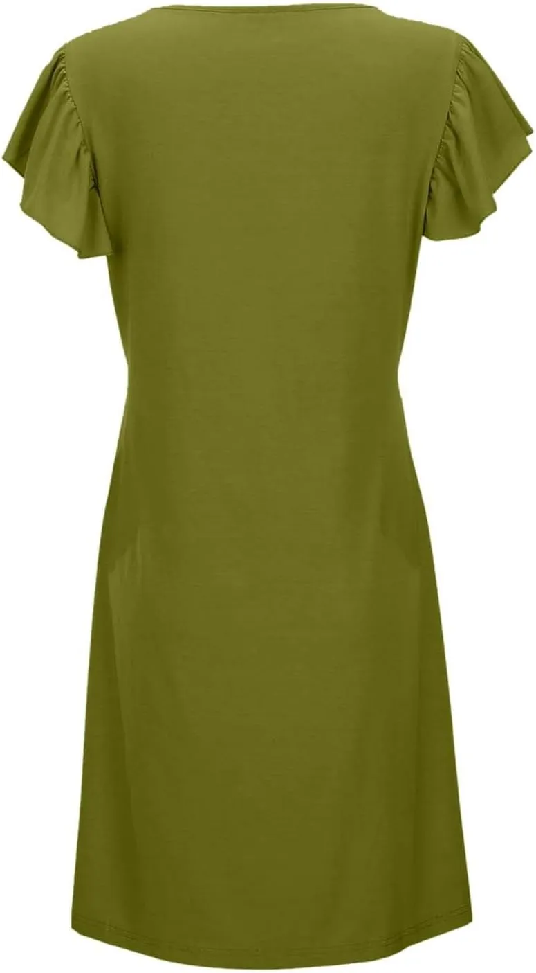 Women's Casual Summer Dresses 2025 Beach Deep V Neck Solid Color Dresses Loose Sundress Ruffle Sleeve Mini Dress