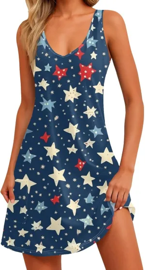 Women's Casual Summer Dresses 4Th of July Sleeveless V-Neck Patriotic Tank Sundress with Pockets Dress, S-2XL