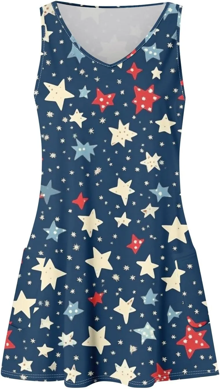 Women's Casual Summer Dresses 4Th of July Sleeveless V-Neck Patriotic Tank Sundress with Pockets Dress, S-2XL