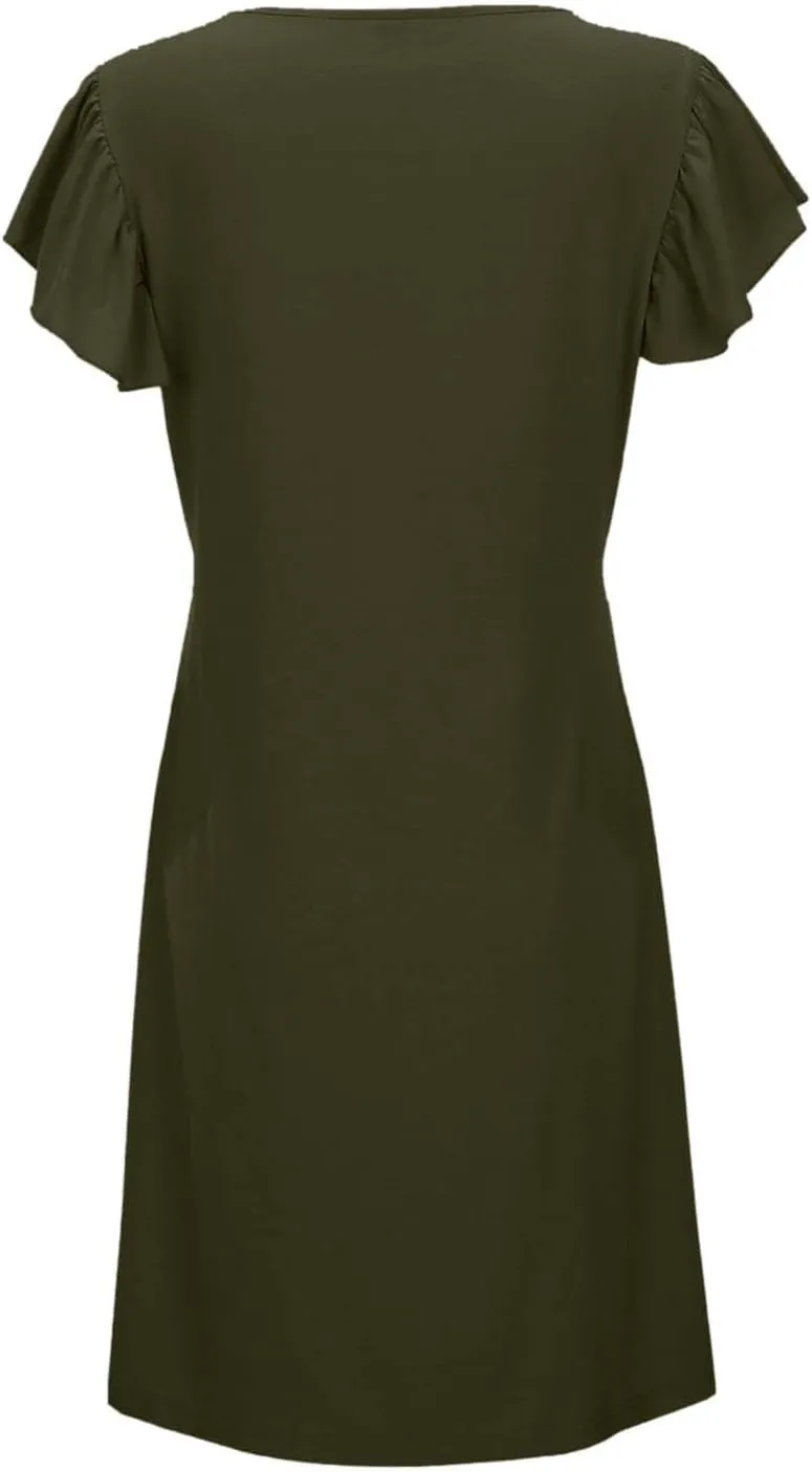 Women's Casual Summer Dresses Loose Sundress Ruffle Sleeve Mini Dresses 2025 Beach Deep V Neck Solid Color Dress