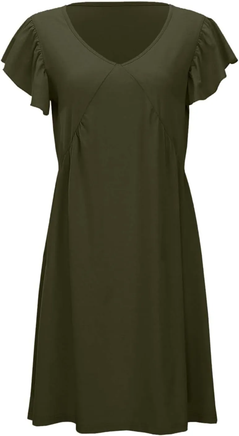 Women's Casual Summer Dresses Loose Sundress Ruffle Sleeve Mini Dresses 2025 Beach Deep V Neck Solid Color Dress