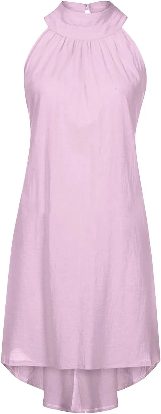 Women's Casual Tie Back Halter Neck Flared Hem Flowy Pleated Beach Sundress Sleeveless Summer A Dresses for Juniors
