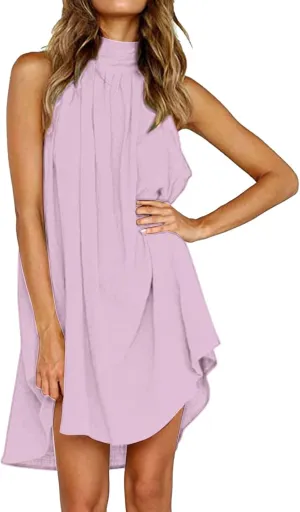 Women's Casual Tie Back Halter Neck Flared Hem Flowy Pleated Beach Sundress Sleeveless Summer A Dresses for Juniors