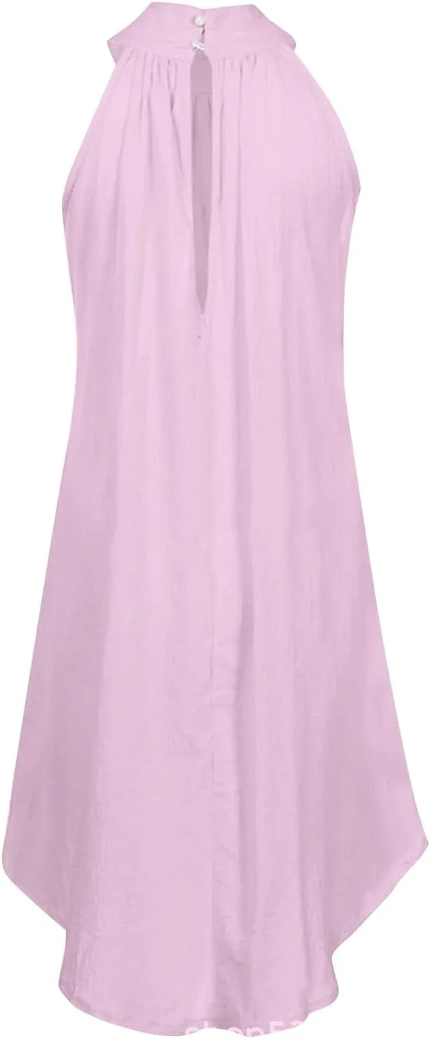 Women's Casual Tie Back Halter Neck Flared Hem Flowy Pleated Beach Sundress Sleeveless Summer A Dresses for Juniors