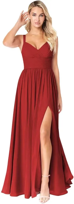 Women's Chiffon Bridesmaid Dresses Long Spaghetti Straps V Neck Ruched A Line Formal Dress
