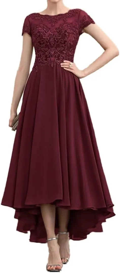 Women's Chiffon Mother of The Bride Dress Tea Length Lace Appliques Cap Sleeve Formal Dresses