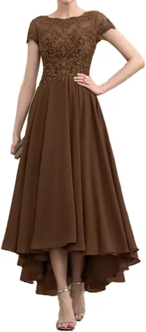 Women's Chiffon Mother of The Bride Dress Tea Length Lace Appliques Cap Sleeve Formal Dresses