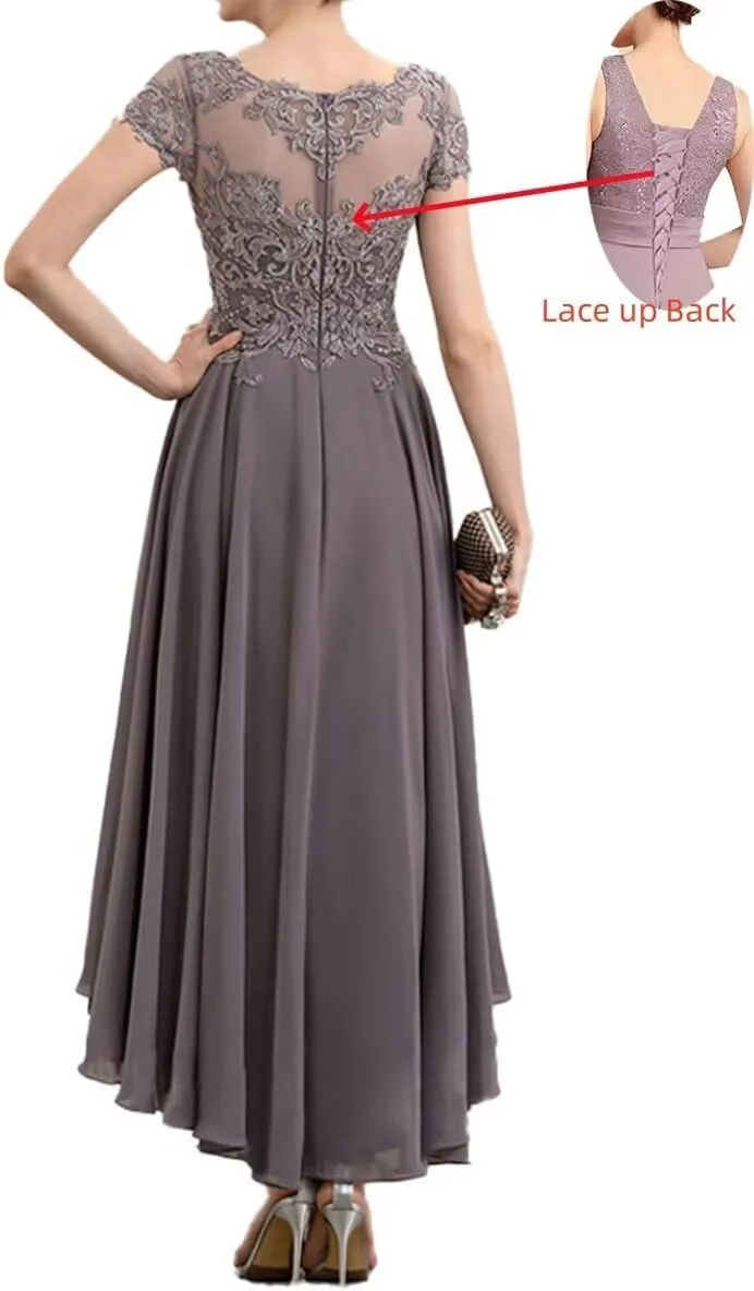 Women's Chiffon Mother of The Bride Dress Tea Length Lace Appliques Cap Sleeve Formal Dresses